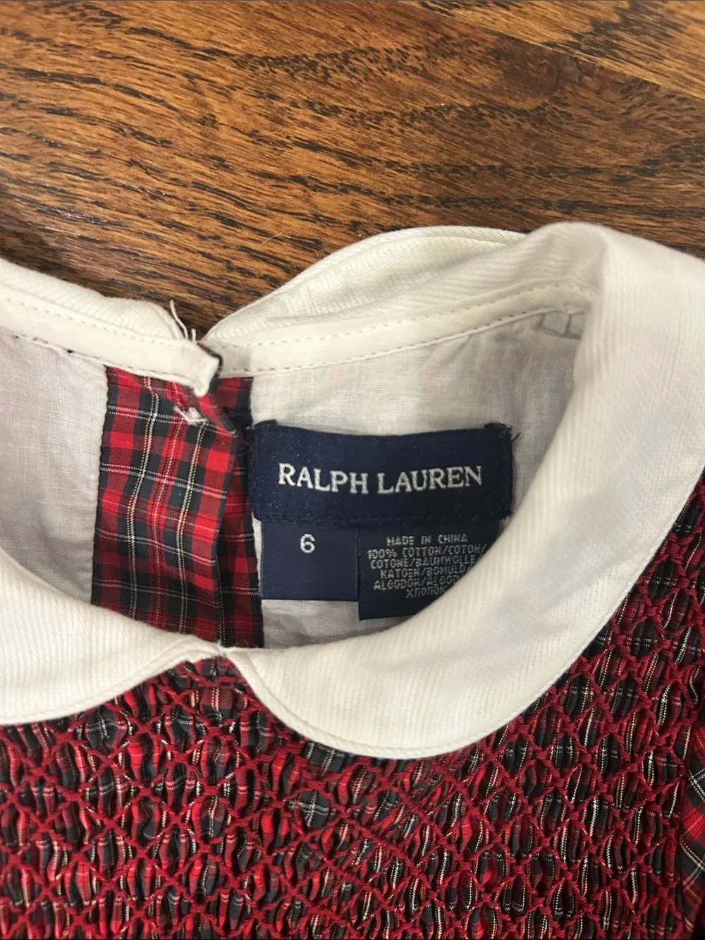 Ralph Lauren Red Plaid Smocked Dress with White Collar